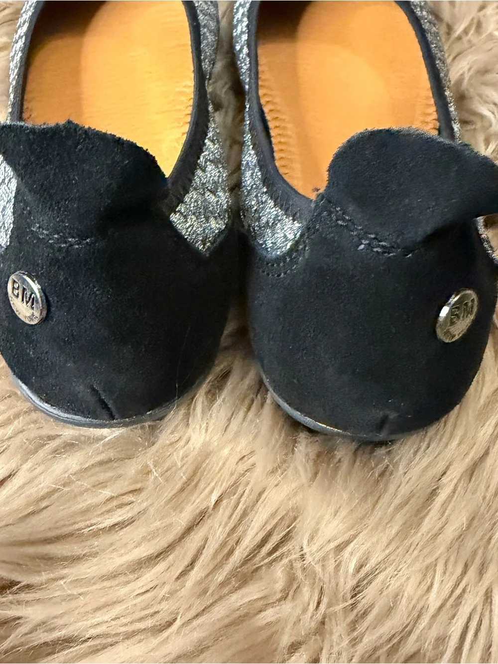 bernie mev. Hazel- Silver Gray Woven Ballet Flats with Black Traction bottom, 8